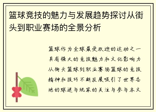 篮球竞技的魅力与发展趋势探讨从街头到职业赛场的全景分析